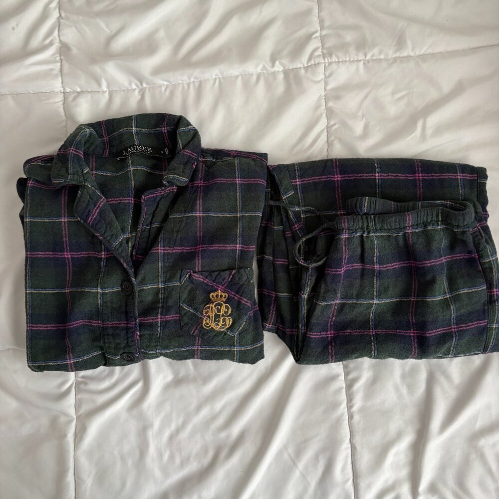 Lauren Ralph Lauren  Green Plaid Flannel Pajamas 2-Piece Set Preppy Cabincore M